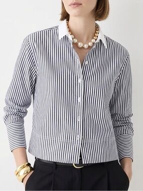New! J Crew Organic Cotton Garcon Stripe Cropped Button Up Shirt Womens Size 12